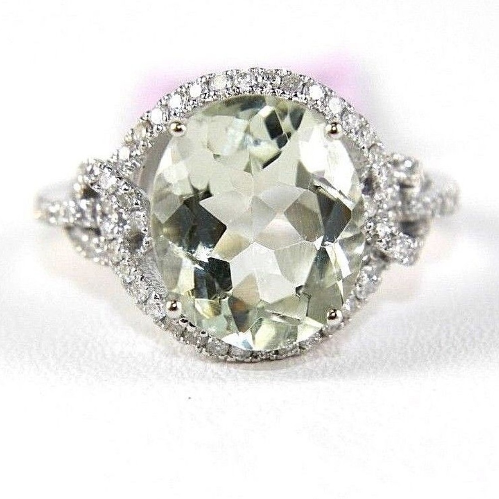 Oval Green Amethyst & Diamond Ring 14k WG 4.80Ct